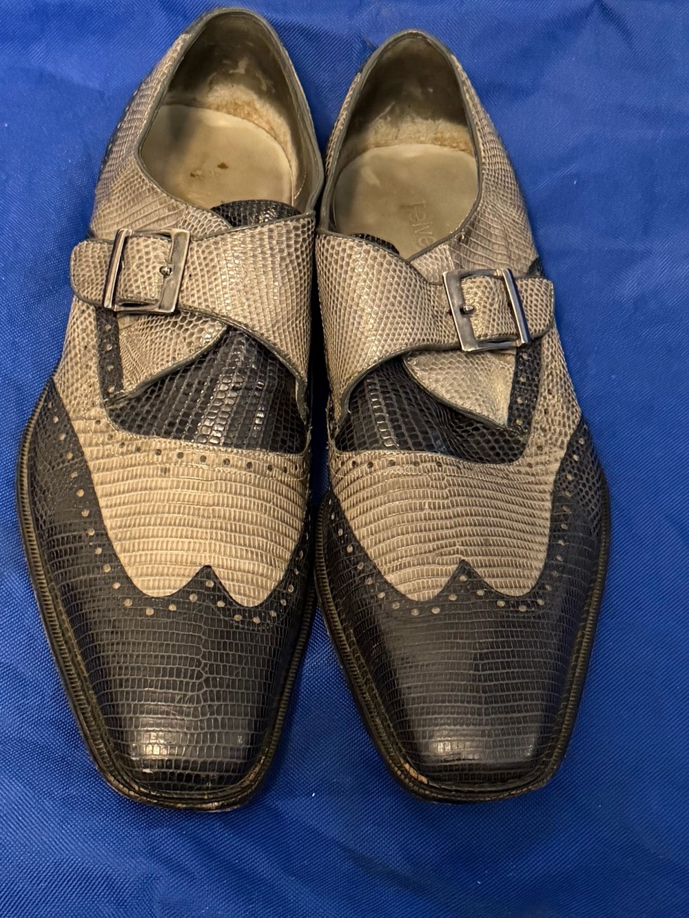Genuine crocodile skin Two-Tone Black & Grey Wingtip Monk Strap Oxfords
